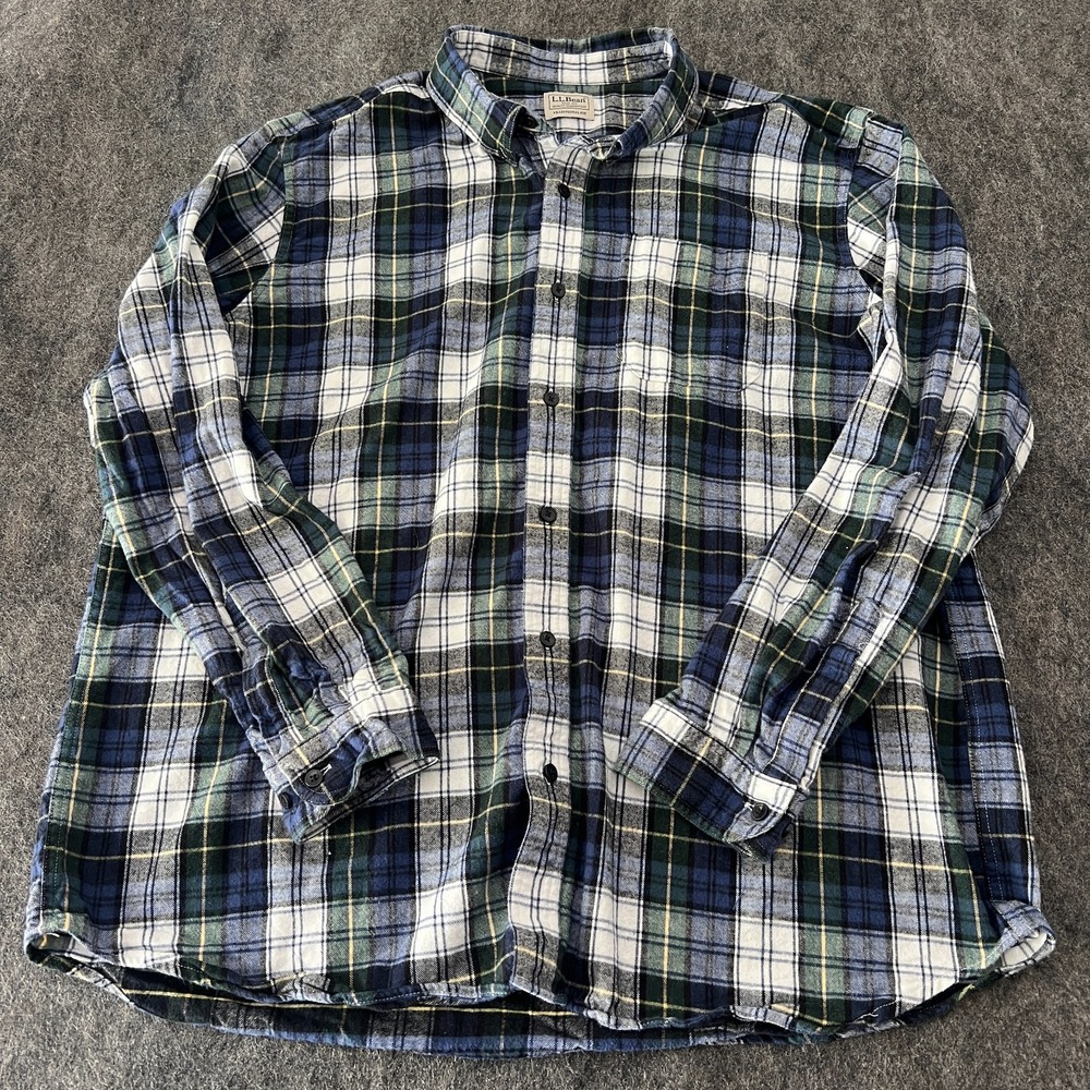 LL Bean Traditional Fit Plaid Flannel Shirt Mens 2XL/3XL Button Down Blue Green